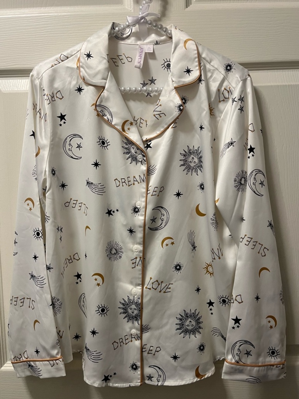 Joyspun 2Pc Women’s White Moon & Star Pj Shorts Set w/Gold Piping.‎ Size M